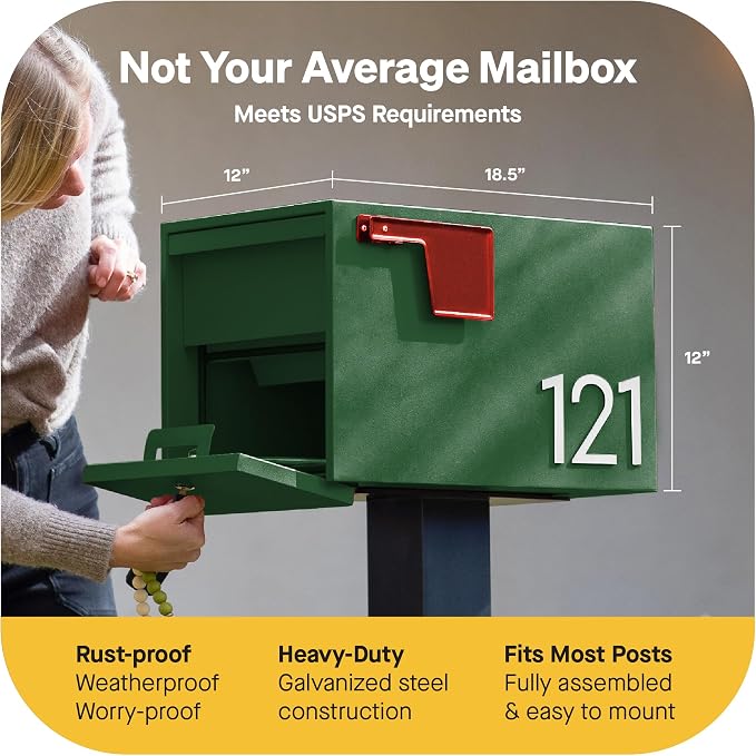 Adoorn Lockable Post Mount Mailboxes for Outside - Small Anti-Theft Locking Mailbox for Packages and Letters - Weatherproof Construction - Durable Steel - 12" H x 12" W x 18.5" D - Forest Green