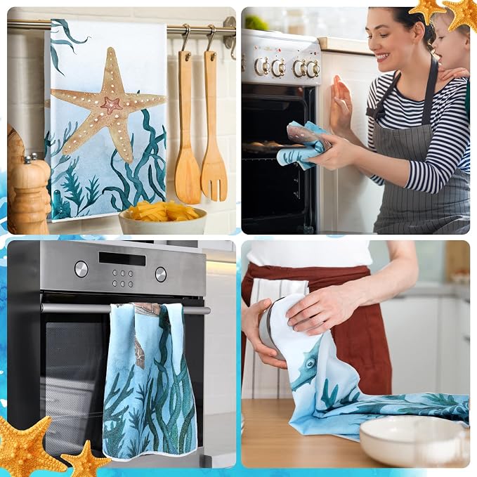 Boyiee 6 Pcs Beach Kitchen Towels Set, Ocean Sea Animal Nautical Tea Towels, 24 x 16 Inches Absorbent Cloth, Coastal Starfish Turtle Jellyfish Hand Dishcloths for Farmhouse Bathroom & Kitchen Decor