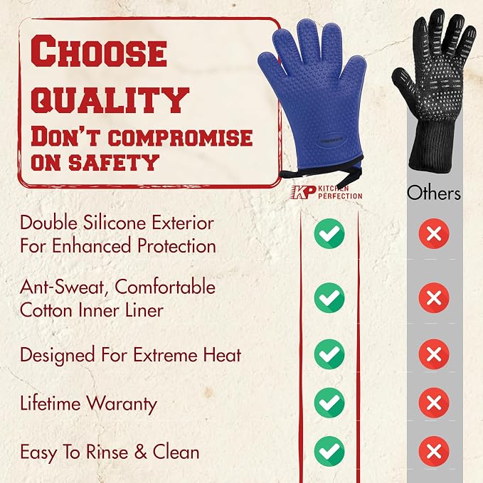 KITCHEN PERFECTION Silicone Griddle Grill Gloves Heat Resistant Oven Mitts | Waterproof, 5-Finger Design For A Better Grip, Best Griddle Grilling Accessories, Compatible with Blackstone, Weber & More