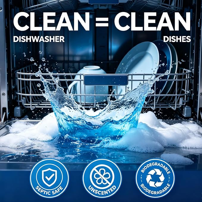 Heavy Duty Dishwasher Cleaner & Deodorizer Tablets, Descaler, Deep Cleaning, Natural Odor & Smell Remover, Calcium, Limescale, Hard Water Marks, Grease, Septic Safe Pods (12 Tabs 1 Yr Supply)