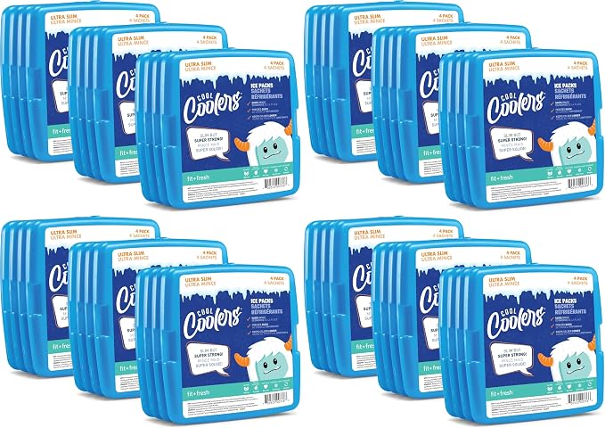 Cool Coolers by Fit + Fresh, 4 Pack Slim Ice Packs, Space Saving Reusable Ice Packs for Lunch Boxes or Coolers