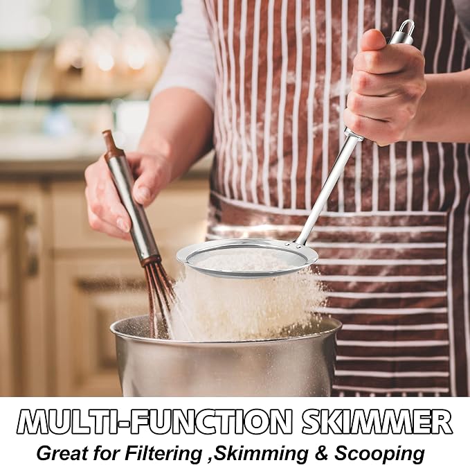 Anaeat Stainless Steel Fat Skimmer Spoon - Set of 3 Professional Kitchen Fine Mesh Food Strainer and Hot Pot Skimmer with Long Handle for Skimming, Cooking, Frying, Grease, Gravy and Foam (3"+4"+4.7")