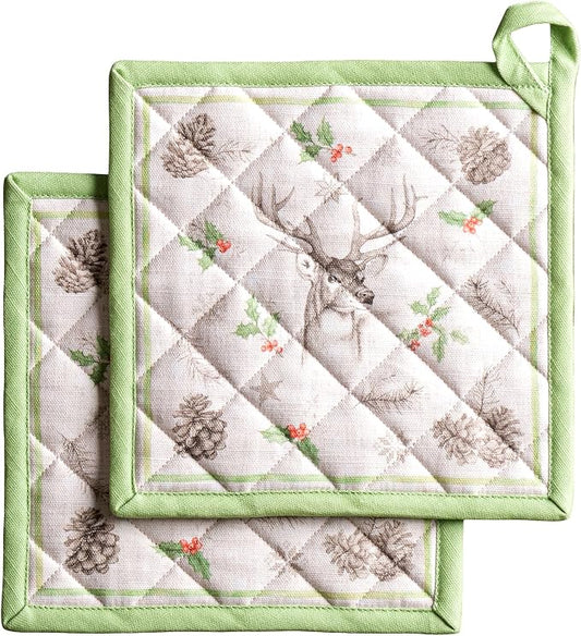 Maison d' Hermine Pot Holders 100% Cotton Potholders (8" x 8", Pack of 2) | Heat Resistant Hot Pads with Loop BBQ Cooking Baking Hotel Kitchen Handling Hot Pans Thanksgiving Christmas - Christmas Dew