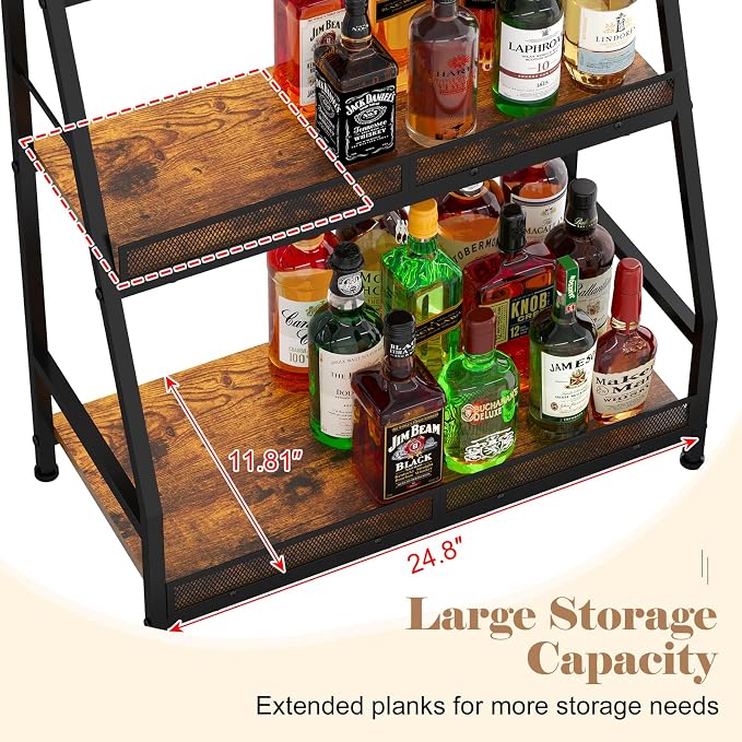Hayexiha 3-Tier Expanded Liquor Stand, Freestanding Trapezoid Wine Rack | 40+Bottle Capacity: 24.8-inch-wide wood-and-steel stand has stepped shelves, safety fencing and adjustable feet.