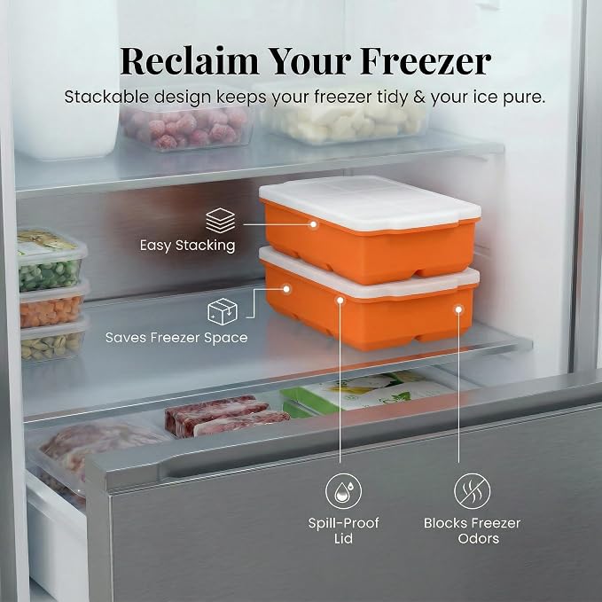KitchFort® Large Silicone Ice Cube Tray (3-Pack), Easy Release 2" Big Ice Cubes - Cocktail, Whiskey Ice Cubes Mold - Ice Trays for Freezer with Lid - Stackable Silicone Ice Tray - Orange