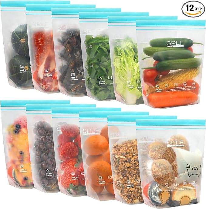 SPLF 12 Pack Reusable Gallon Freezer Bags Dishwasher Microwave Safe | 1 Gallon BPA Free Leakproof Food Storage Bags, Silicone Free Containers for Meal Prep, Fridge Kitchen Organization
