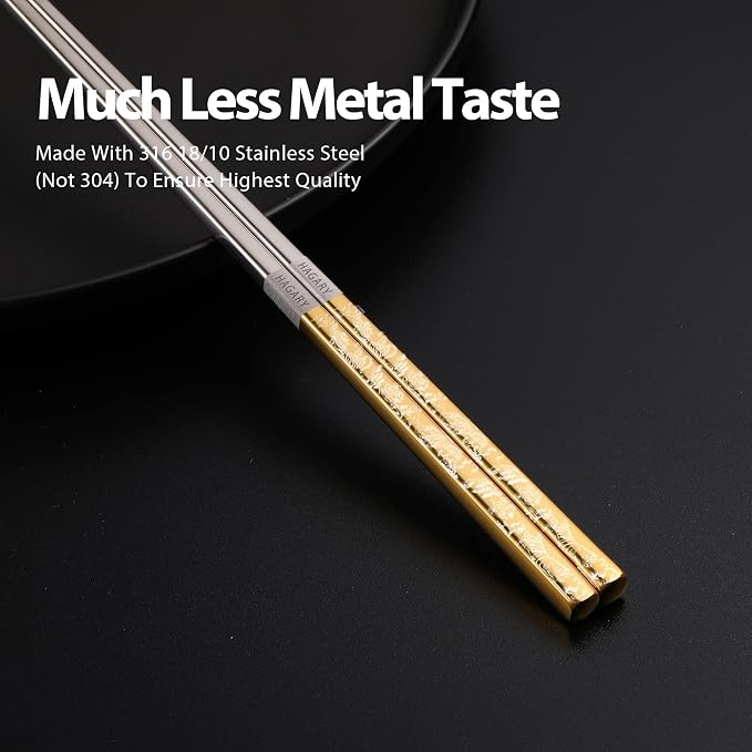 Hagary Tiger Chopsticks Metal Chopsticks Reusable Designed In Korea Japanese Style Stainless Steel 316 18/10 Non-Slip Dishwasher Safe Laser Etched (Gold - 5 Pairs)