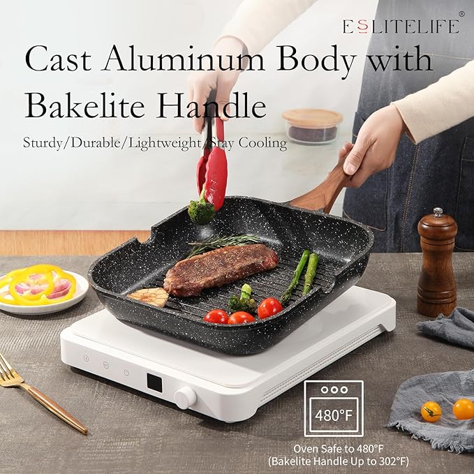 ESLITE LIFE 9.5 Inch Nonstick Grill Pan for Indoor Cooking, Versatile Induction Square Large Grilling Skillet Steak Pan for Stove Tops, PTFE & PFOA Free, Black