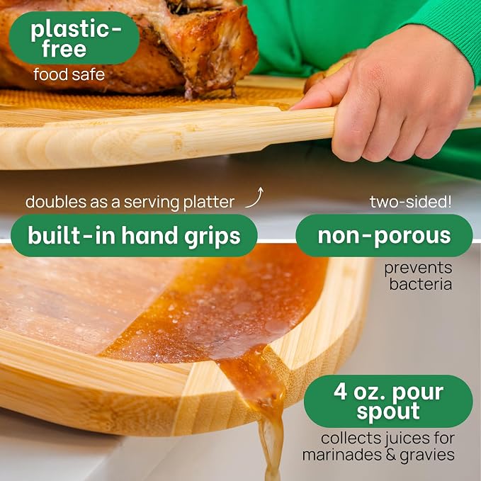 GREENER CHEF 18 Inch Extra Large Organic Turkey Carving Board with Lifetime Replacements - XL Wooden Butcher Block Meat Cutting Board with Pour Spout - Thanksgiving Cooking Essentials