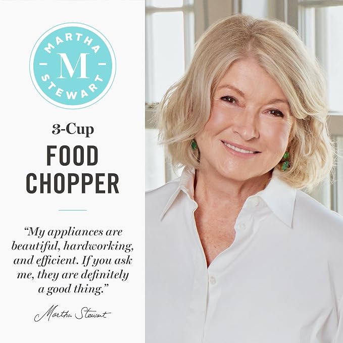 Martha Stewart 3 Cup Electric Vegetable Chopper, Mini Food Processor, Linen | 24oz BPA-Free Bowl, Stainless Steel Blades, Pour Spout, Dice, Puree, Mince, Chop Vegetables & Herbs, Dishwasher-Safe Parts