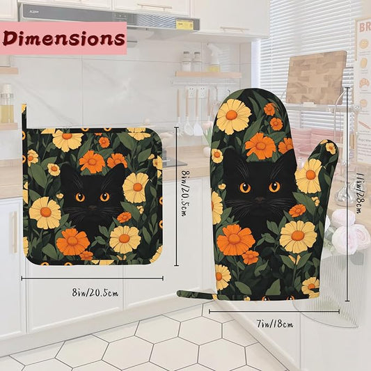 Black Cat Flowers Heat-Resistant Silicone Oven Mitts and Pot Holder 4 Piece Set,Non-Slip Kitchen Oven Gloves for Baking, BBQ, Cooking,Grilling