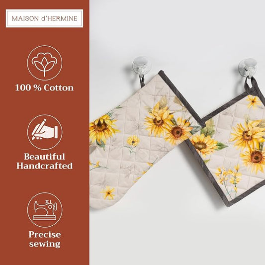 Maison d' Hermine 100% Cotton Oven Mitt & Pot Holder Set (7.5"x13" & 8"x8") | Heat Resistant BBQ Cooking Gloves with Loop Baking Grilling Kitchen Hotel Home Farmhouse Spring Summer - Candice