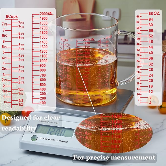 Ackers BORO3.3 Glass Measuring Cup-[Insulated handle | V-Shaped Spout]-Made of High Borosilicate Glass Measuring Cup for Kitchen or Restaurant, Easy to Read, 2000 ML (64 Oz, 8 Cup)