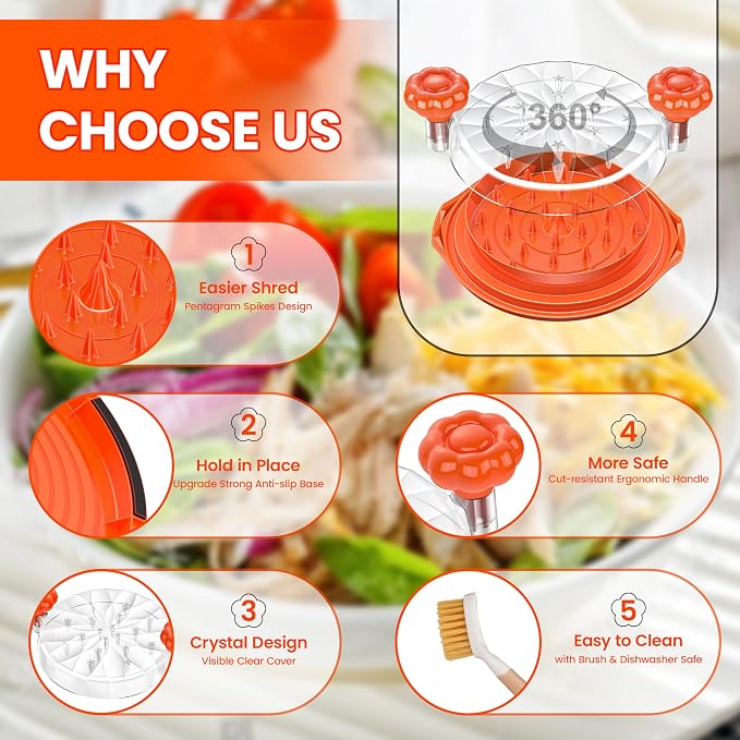 Chicken Shredder Tool Twist Large - Meat Shredders for Chicken Breast | 10'' Pro Visible Kitchen Gadgets Grinder Machine with Brush,Strong Anti-Slip Strip,Ergonomic Handle,BPA Free (Orange)