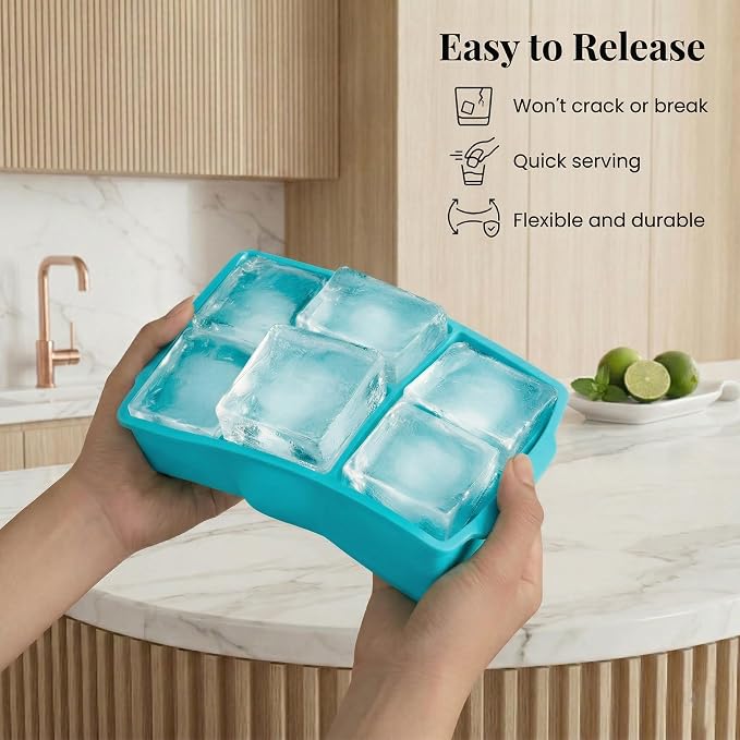 KitchFort® Large Silicone Ice Cube Tray (2-Pack) - 2" Big Ice Mold with Lid | Easy Release, Cocktail, Whiskey Ice Cubes Mold - Food Grade - Ice Cube Trays for Freezer - Stackable Silicone Ice Tray