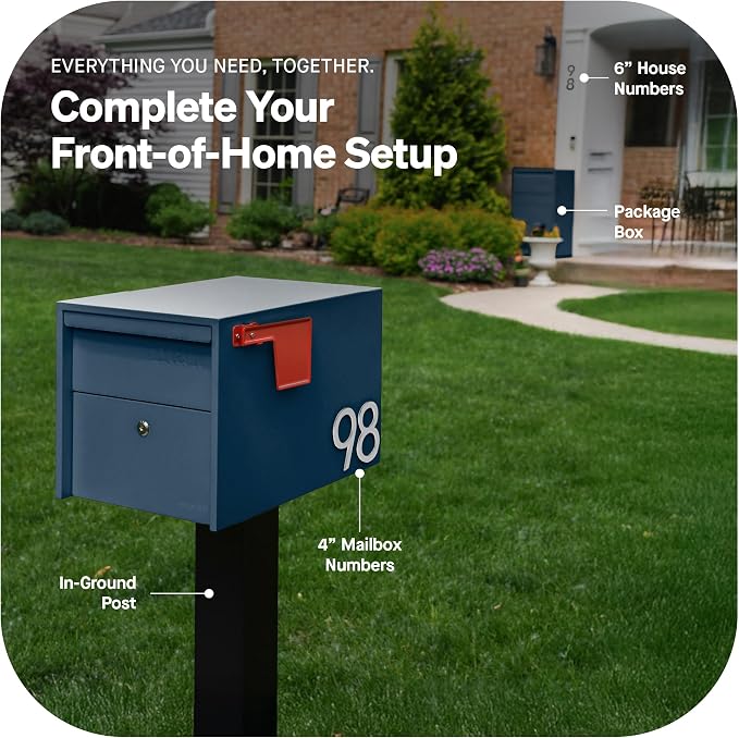 Adoorn Lockable Post Mount Mailboxes for Outside - Small Anti-Theft Locking Mailbox for Packages and Letters - Weatherproof Construction - Durable Steel - 12" H x 12" W x 18.5" D - Navy