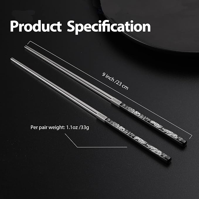 Phoenix Chopsticks Metal Reusable Designed In Korea Japanese Style Stainless Steel 316 18/10 Non-Slip Dishwasher Safe Laser Etched (Black - 2 Pairs)
