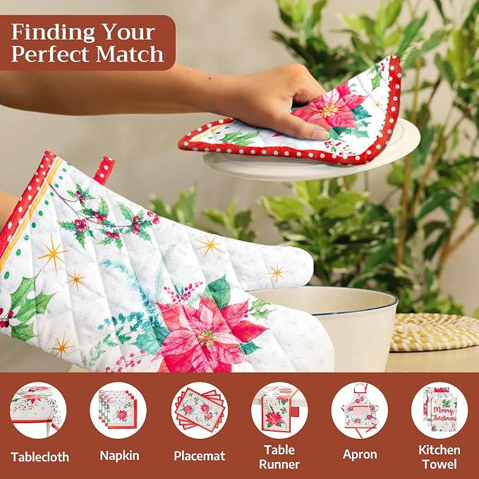 Maison d' Hermine Pot Holders 100% Cotton Potholders (8" x 8", Pack of 1) | Heat Resistant Hot Pads with Loop BBQ Cooking Baking Kitchen Handling Hot Pans Thanksgiving Christmas - Poinsettia Christmas