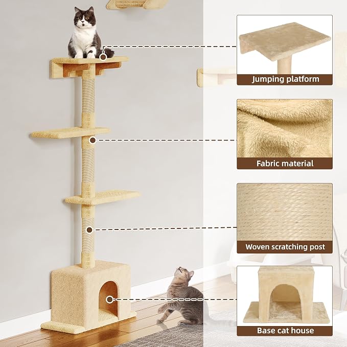 26-in-1 Cat Wall Shelves with Cat Tree, 40''L Tunnel, Moon, Beige | Wall Mounted Cats Furniture Set with Plush Fabric, Cat Climbing Systems for 16 Inch Drywall, with Scratching Posts, Bridge