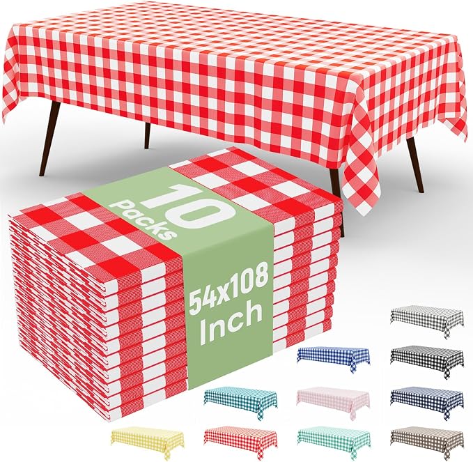 10 Packs Buffalo Disposable Table Cloth, 54 x 108 Inch Waterproof Plastic Tablecloth, Rectangle Red and White Checkered Table Covers for Picnic, Birthday, Party, Back to School