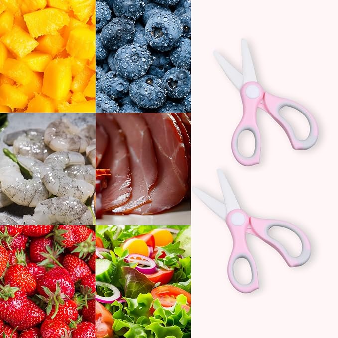 Ceramic Baby Food Scissors - Portable Shears - Healthy Food Cutter with Dust Cover and Storage Case - Cuts Meat, Chicken, Vegetables, Fruits (2-Pack) (Pink - 2 pack)