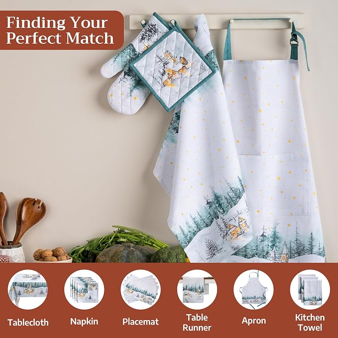 Maison d' Hermine 100% Cotton Oven Mitt & Pot Holder Set (7.5"x13" & 8"x8") | Heat Resistant BBQ Cooking Gloves with Loop Baking Grilling Kitchen Home Farmhouse Thanksgiving Christmas - Neige de Noel