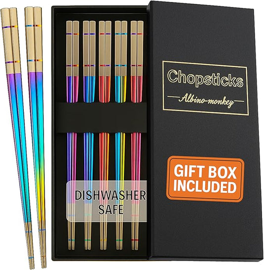 Albino Monkey Metal Chopsticks Reusable, 5 Pairs - Rainbow Iridescent Holographic Stainless Steel Chopsticks - Dishwasher Safe, Non-Slip, Extra Long 9" - Multicolor Japanese Sushi Gift Set
