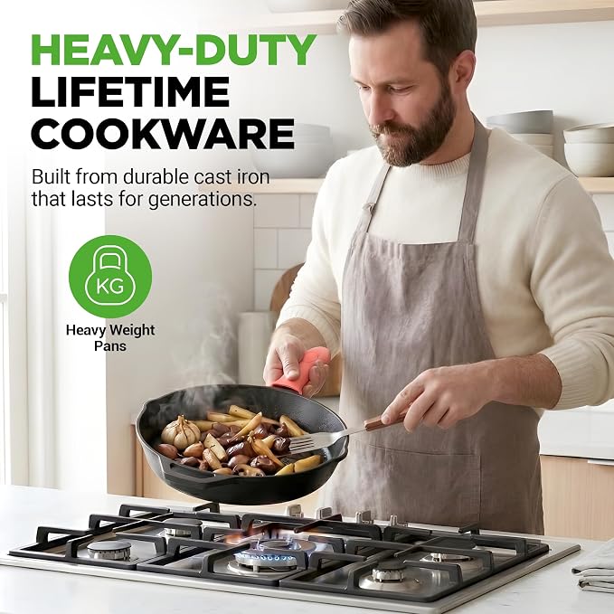 NutriChef 10 Inch Cast Iron Skillet with Lid - Pre-Seasoned Small Fry Pan with Side Drip Spout and Silicone Handle