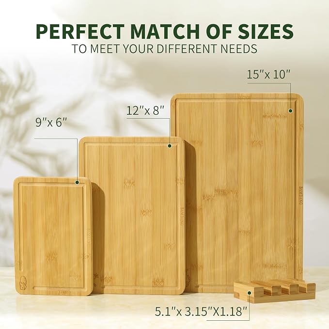 BAMBANG Bamboo Cutting Board Set, 3-Piece Wooden Chopping Boards for Kitchen, Non-Toxic Butcher Block with Juice Groove, Large Medium Small Cutting Boards for Meat, Vegetables & Cheese