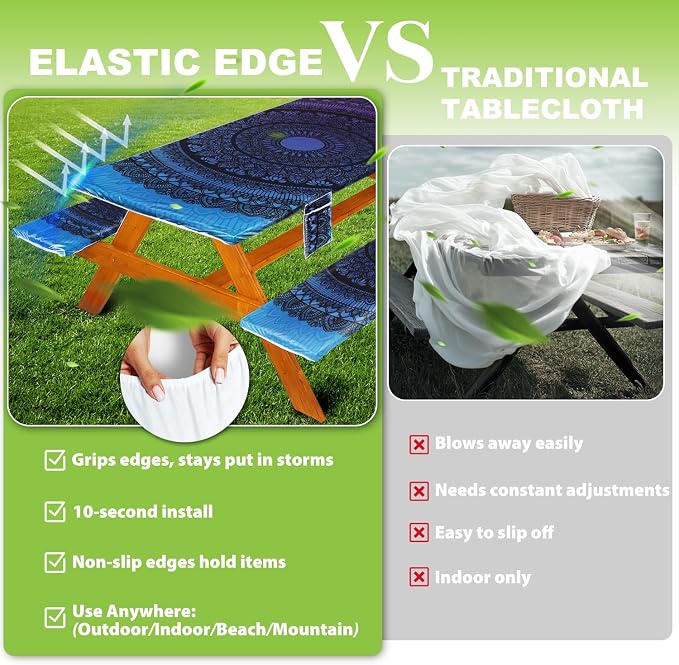 Wrakus Picnic Table Cover with Bench Covers Vinyl Elastic Edges Fitted Rectangle Seat Tables Waterproof 3-Piece96X30in Set Outdoor Rectangular Folding Backing Tablecloth for Camping Over Size