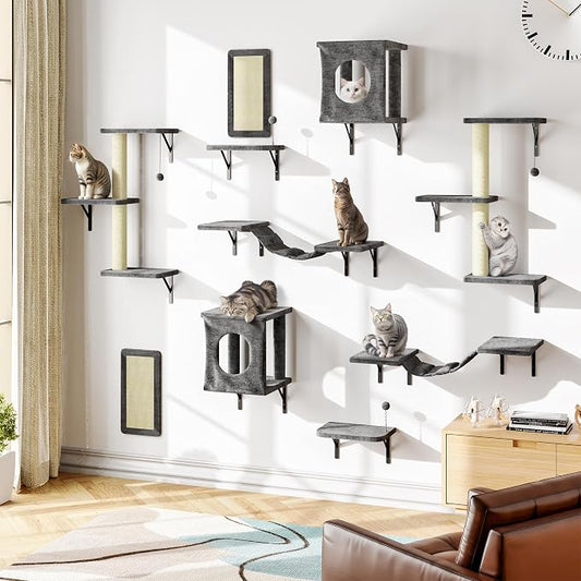 10 Pcs Cat Wall Shelves Set, Wall-Mounted Climber with Cat House, Scratching Post, Bridge, Hammock, Space-Saving Play Furniture, Grey