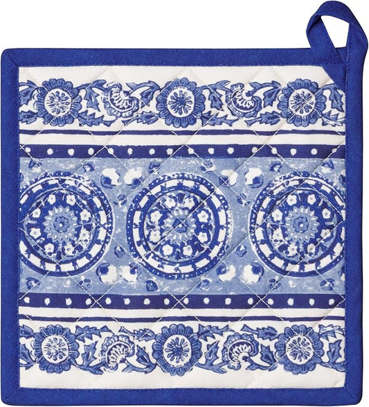 Maison d' Hermine Pot Holders 100% Cotton Potholders (8" x 8", Pack of 1) | Heat Resistant Hot Pads with Loop BBQ Cooking Baking Farmhouse Kitchen Handling Hot Pans Spring Summer - Melodie Bleue