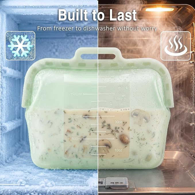 68oz Reusable Silicone Food Storage Bags with Magnetic Seal, Stand Up Freezer Bags for Meal Prep, Snacks, Sandwiches & Leftovers, Dishwasher Safe Reusable Food Storage Bag (Green-1)