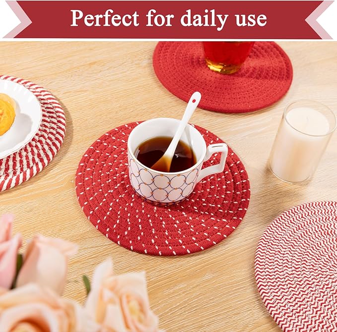 SHACOS 8 Inches Trivets for Hot Dishes, 4 Pieces Cotton Trivets Mats for Kitchen, Hot Pads for Countertops and Table, Heat-Resistant Pot Holders for Hot Pots and Pans(Red, 4pcs)