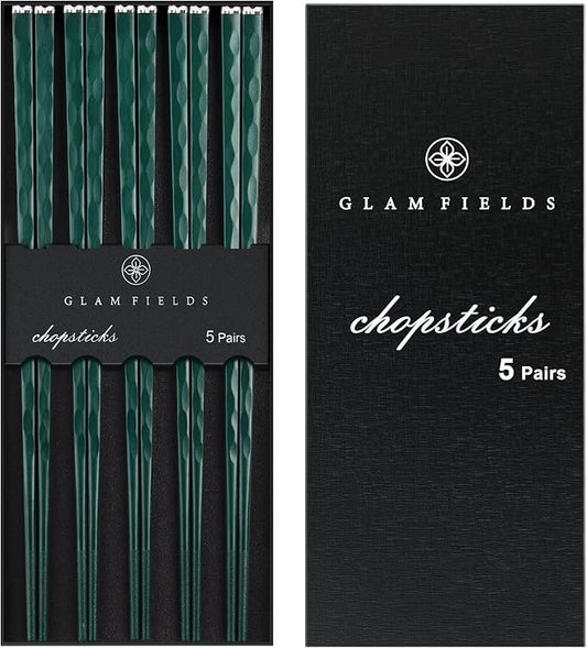 GLAMFIELDS 5 Pairs Chopsticks Reusable, Premium Fiberglass Chop sticks Dishwasher Safe for Sushi Ramen, Non-slip, 9 1/2 inches - Gift Set Green with Silver Plated