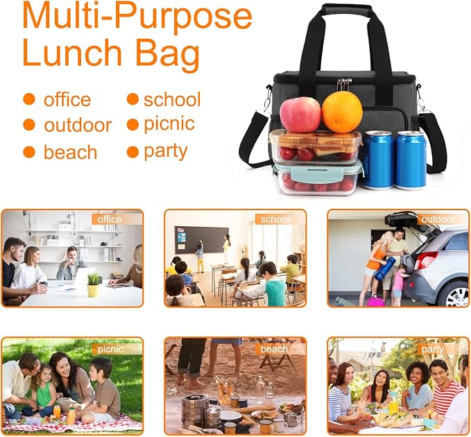 Lunch Bags for Women/Men, Insulated Lunch Bag for Work Office Picnic - Large Lunch Cooler Bag Leakproof Lunch Box with Adjustable Shoulder Strap for Adults - Charcoal(15L)