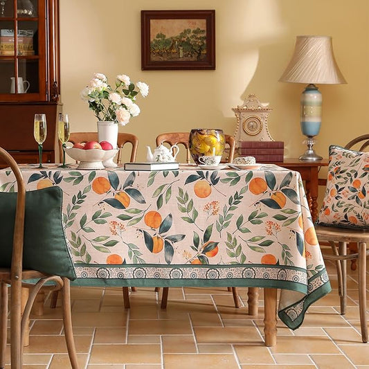 patdrea Designer Vintage Linen Long Rectangle Table Cloth,Framhouse Oranges and Leaves Pattern French Tablecloth,Fall Decor Cover for Kitchen Dining Christmas,Thanksgiving,63"x94"-Palladin a