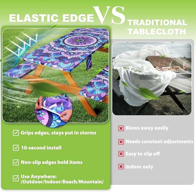 Wrakus Picnic Table Cover with Bench Covers Vinyl Elastic Edges Fitted Rectangle Tables Seat Waterproof 3-Piece 96X30in Set Outdoor Rectangular Folding Backing Tablecloth Camping Over Size Mandala