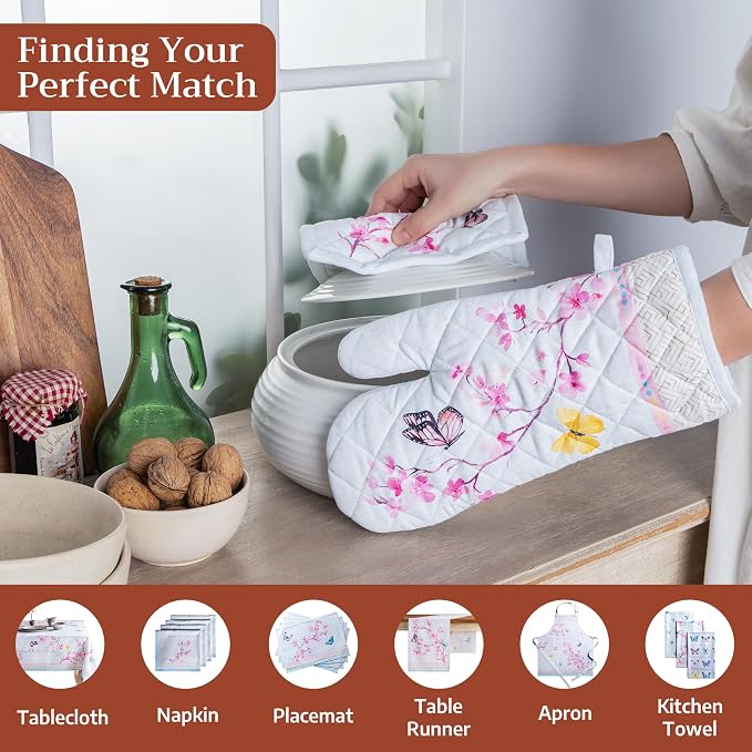 Maison d' Hermine Pot Holders 100% Cotton Potholders (8" x 8", Pack of 2) | Heat Resistant Hot Pads with Loop BBQ Cooking Baking Farmhouse Kitchen Handling Hot Pans Spring Summer - Blossoms in Spring