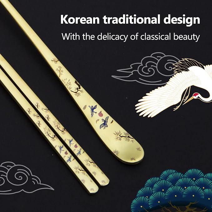 [2 Sets] [Made in Korea] Crane Painting Design Korean Table Sticky Rice Spoon and Chopsticks 304 Stainless Steel Gold Titanium Plated Mukbang Cutlery