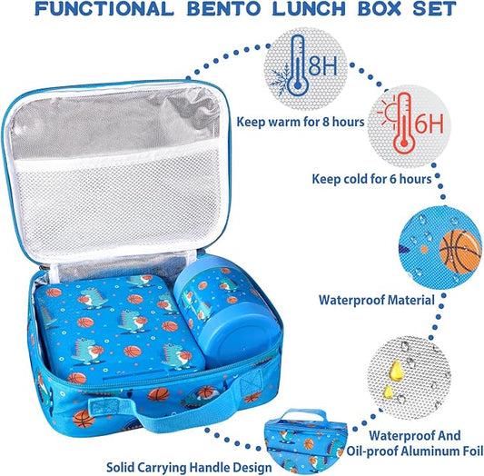 Bento Lunch Box Set for Kids with 10oz Soup Thermo, Leak-Proof Lunch Containers with 4 Compartment, Kids Thermo Hot Food Jar and Insulated Lunch Bag for Kid to School,BPA-Free(Basketball)