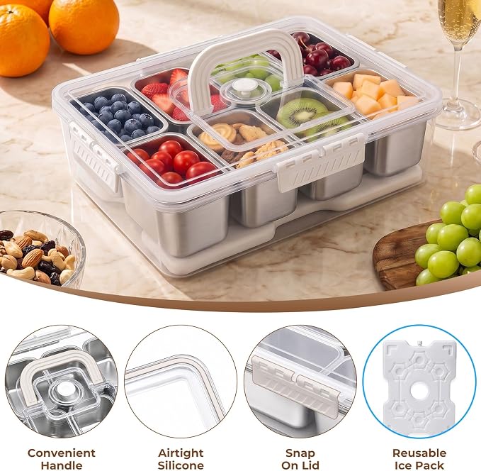 Homelove Snackle Box Container with Ice-Pack, Snack Container Divided Serving Tray with 8-Compartment Snack Platter, Lid and Handle, Food Organizer for Outdoor Travel Party Beach Picnic