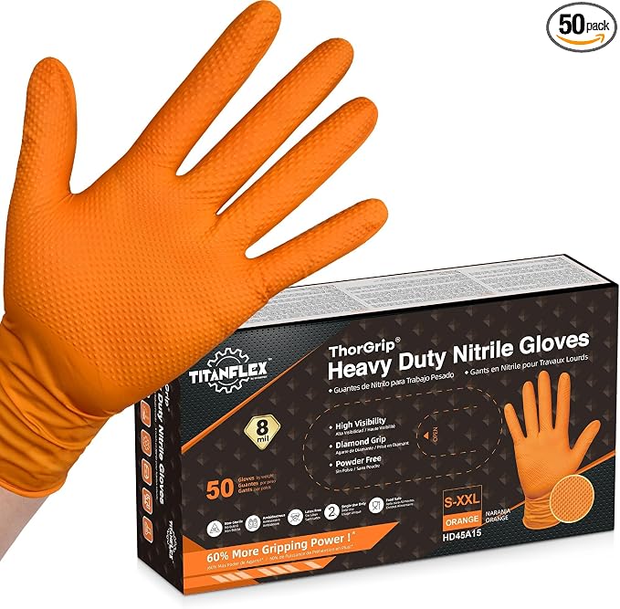 TitanFlex Heavy Duty Industrial Orange Nitrile Gloves, 8-mil, Gloves Disposable Latex Free with Raised Diamond Texture Grip, Powder Free, Rubber Glove, Mechanic Gloves,50-ct Box (Small)