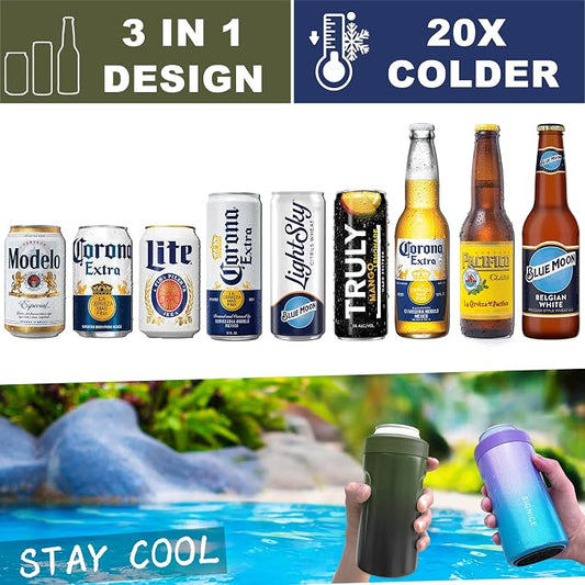 3-IN-1 Insulated Can Cooler - Signice Double Walled Vacuum Insulator Stainless Steel Slim Can Cooler for 12 Oz Skinny Tall Can/Standard Regular Can/Beer Bottle (Black Forest)