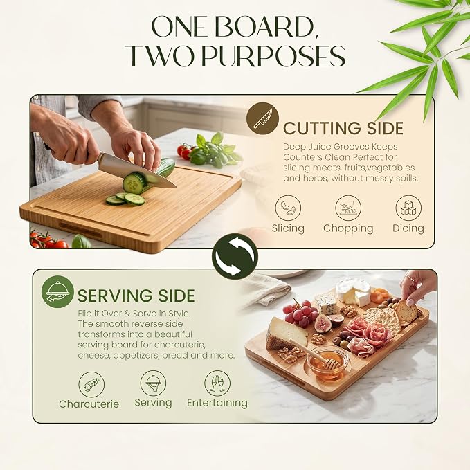 3-Piece Bamboo Cutting Boards - Groove, Handles, 15/12/9" - Light Natural | Bamboo boards with juice groove for prep, serving side for charcuterie