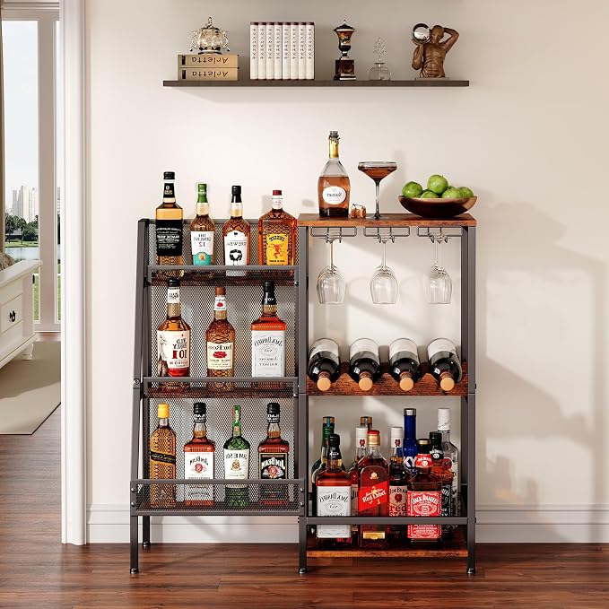 Versatile Liquor Stand for Home Bar, Wine Rack Freestanding Floor, Mini Bar Table for Liquor Whiskey Wine, 3-Tier Trapezoidal Liquor Bottle Display Shelf with Glass Holder and Fences(Patent Pending) | 3-Tier Display, 3 Glass Holder Rows, 4-Bottle Rack:...
