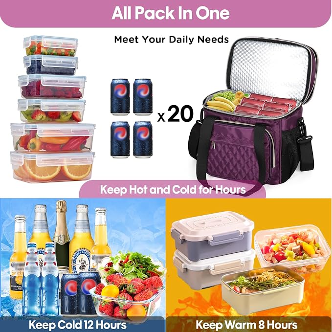 GLENKEY Expandable Insulated Lunch Box, Double Deck Lightweight Large Lunch Bag Tote Leakproof Cooler Bags for Women Adults Work Outdoor Picnic Daytrip, Purple,16L