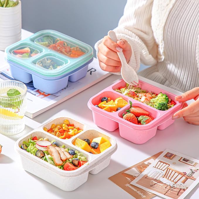 TOUWMX Bento Box For Kids, 4 Pack 3 Compartments Meal Prep Containers Reusable Lunch Containers, Food Storage Containers With Lids, Stackable Snack Boxes for School, Work, and Travel