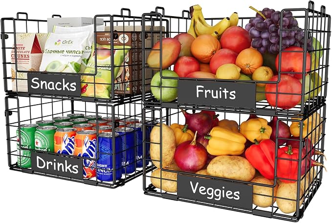JKsmart 4 Pack XL Stackable Wire Baskets, Pantry Organizers and Storage | Pantry Baskets with Handles and Name Plates, Muti-Purpose for Snack Organizer & Vegetable Basket & Fruit Basket & Snack Rack
