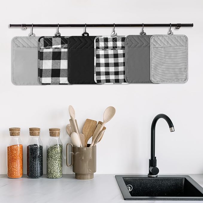 R HORSE 6Pcs Pot Holder with Pocket Black Check Pocket Pot Holder Set Cotton Plaid Kitchen Heat Resistant Potholder Non-Slip Potholder Oven Mitts Hot Pads Terry Cloth Pot Holders for Cooking Baking
